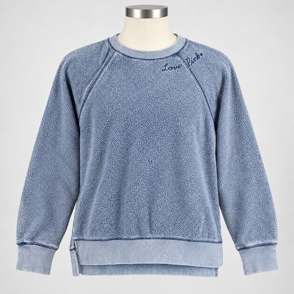 PINK Victoria's Secret Blue Terry Crewneck Sweatshirt Embroidered Love Pink XS